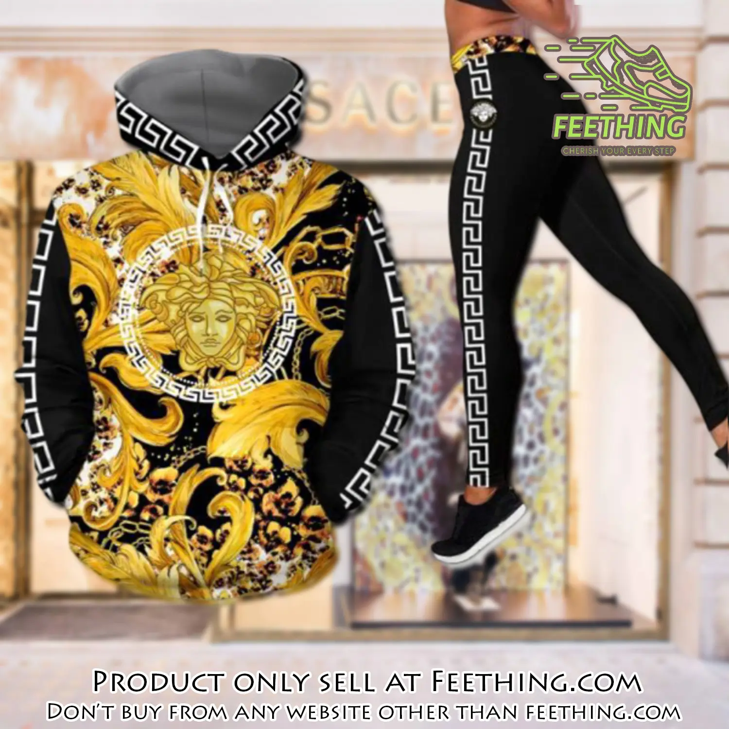 Gianni versace black gold hoodie legging set luxury for women ft4259178